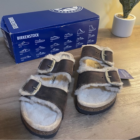 Birkenstock Arizona Big Buckle Shearling Sandals with Habana Oiled Leather - Picture 6 of 9